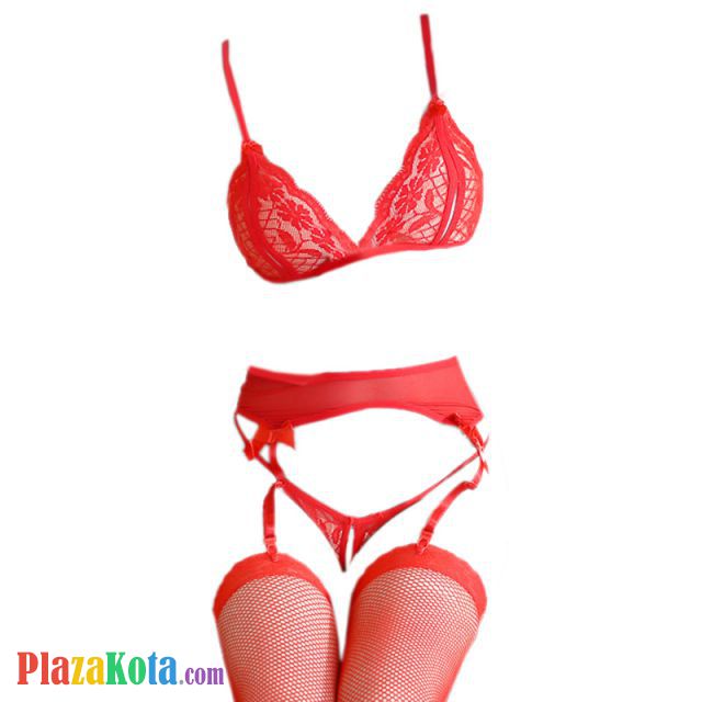 B254 - Pakaian Dalam Wanita Bra Set Bralette Seksi Merah Transparan Crotchless Garter Belt Stocking - Photo 1