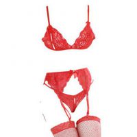 B258 - Pakaian Dalam Wanita Bra Set Bralette Seksi Merah Transparan Crotchless Garter Belt Stocking