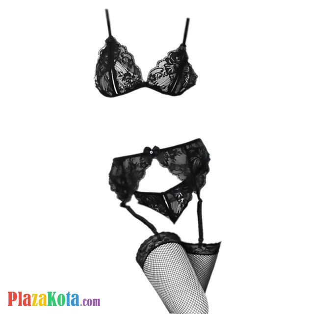 B259 - Pakaian Dalam Wanita Bra Set Bralette Seksi Hitam Transparan Crotchless Garter Belt Stocking - Photo 1