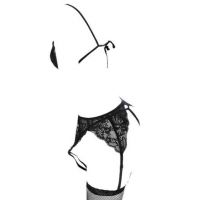 B259 - Pakaian Dalam Wanita Bra Set Bralette Seksi Hitam Transparan Crotchless Garter Belt Stocking - 2