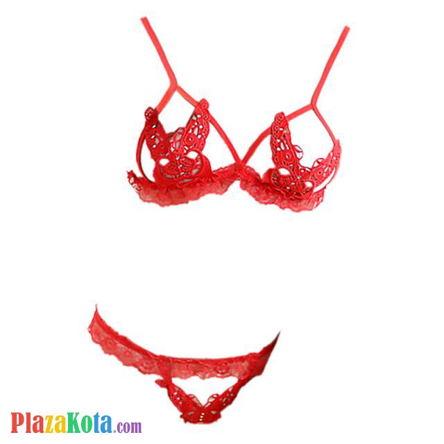 B263 - Pakaian Dalam Wanita Bra Set Bralette Seksi Merah Cup Kupu-Kupu Crotchless - Photo 1