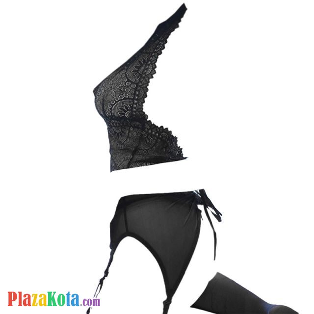 L0968 - Baju Tidur Dinas Malam Wanita Lingerie Set Stocking Seksi Halter Hitam Transparan Garter Strap Polos - Photo 2