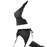 L0968 - Baju Tidur Dinas Malam Wanita Lingerie Set Stocking Seksi Halter Hitam Transparan Garter Strap Polos - 2