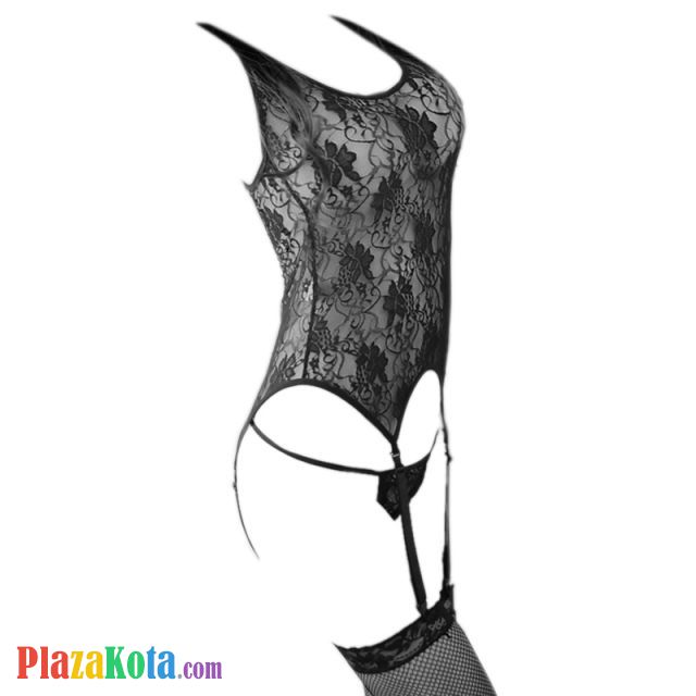 L0210 - Baju Tidur Dinas Malam Wanita Lingerie Set Stocking Seksi Hitam Garter Strap - Photo 1