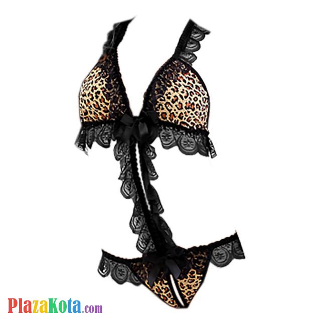 L0220 - Baju Tidur Dinas Malam Wanita Lingerie Teddy Bodysuit Seksi Halter Macan Tutul Coklat Crotchless - Photo 1