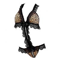 L0220 - Baju Tidur Dinas Malam Wanita Lingerie Teddy Bodysuit Seksi Halter Macan Tutul Coklat Crotchless