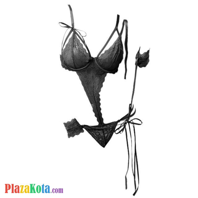 L0993 - Baju Tidur Dinas Malam Wanita Lingerie Teddy Bodysuit Seksi Hitam Transparan Bra Kawat Open Cup Tali Ikat Tangan - Photo 2