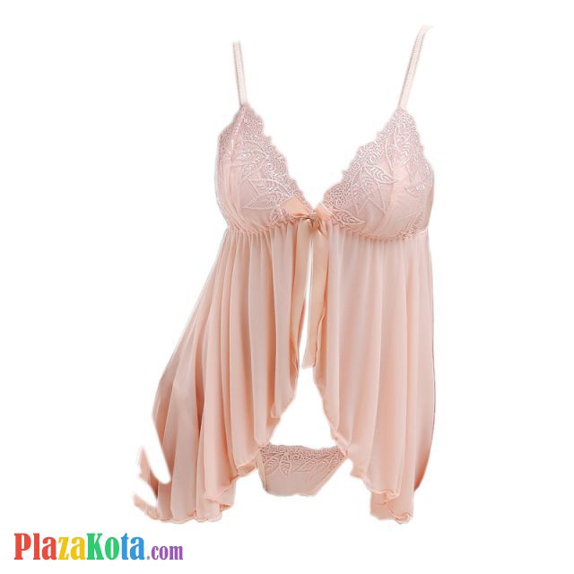 L1004 - Baju Tidur Dinas Malam Wanita Lingerie Babydoll Mini Dress Seksi Krem Transparan Panties Ikat Samping - Photo 1