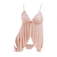 L1004 - Baju Tidur Dinas Malam Wanita Lingerie Babydoll Mini Dress Seksi Krem Transparan Panties Ikat Samping