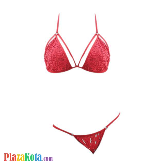 L1014 - Baju Tidur Dinas Malam Wanita Lingerie Kimono Jubah Seksi Merah Transparan Lengan Panjang Ikat Pinggang Bra Set - Photo 2