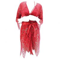 L1014 - Baju Tidur Dinas Malam Wanita Lingerie Kimono Jubah Seksi Merah Transparan Lengan Panjang Ikat Pinggang Bra Set