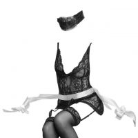 L1020 - Baju Tidur Dinas Malam Wanita Lingerie Set Stocking Seksi Hitam Transparan Pengait 3 Baris Garter Strap