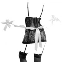 L1020 - Baju Tidur Dinas Malam Wanita Lingerie Set Stocking Seksi Hitam Transparan Pengait 3 Baris Garter Strap - 2