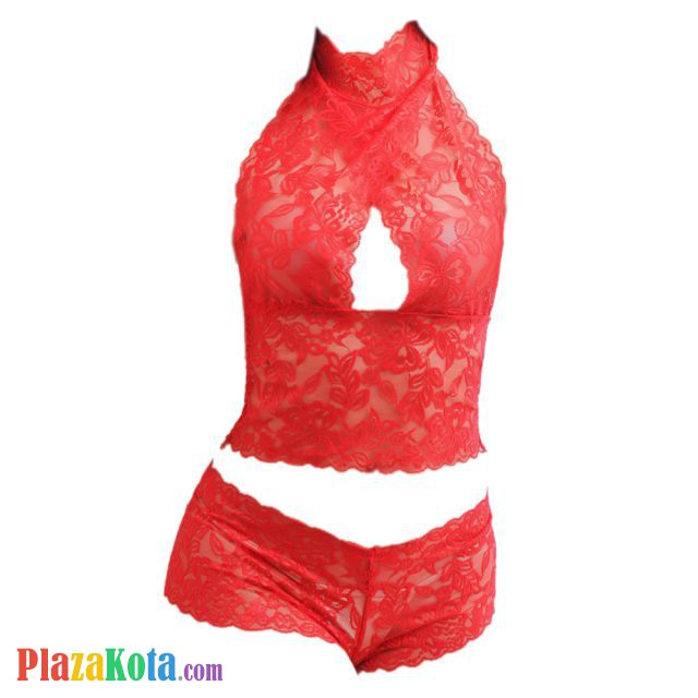 B283 - Pakaian Dalam Wanita Bra Set Bralette Seksi Cami Halter Merah Transparan - Photo 1