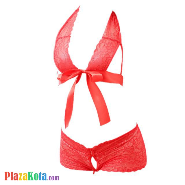 B285 - Pakaian Dalam Wanita Bra Set Bralette Seksi Halter Merah Transparan Ikat Depan - Photo 1