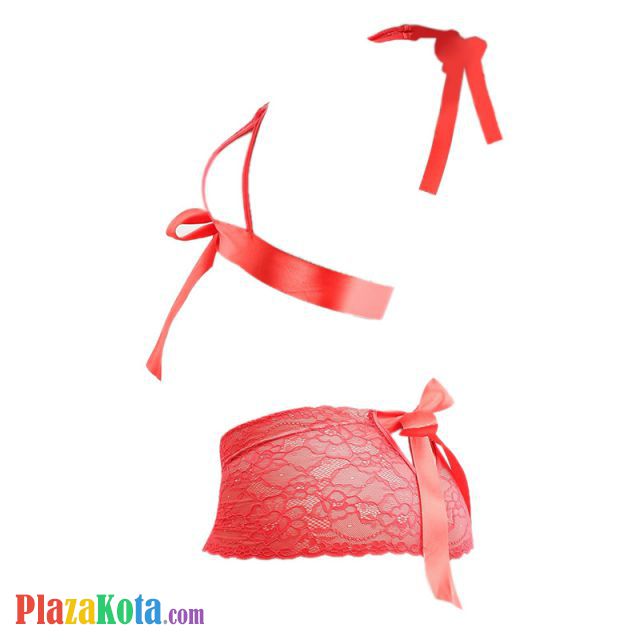 B285 - Pakaian Dalam Wanita Bra Set Bralette Seksi Halter Merah Transparan Ikat Depan - Photo 2