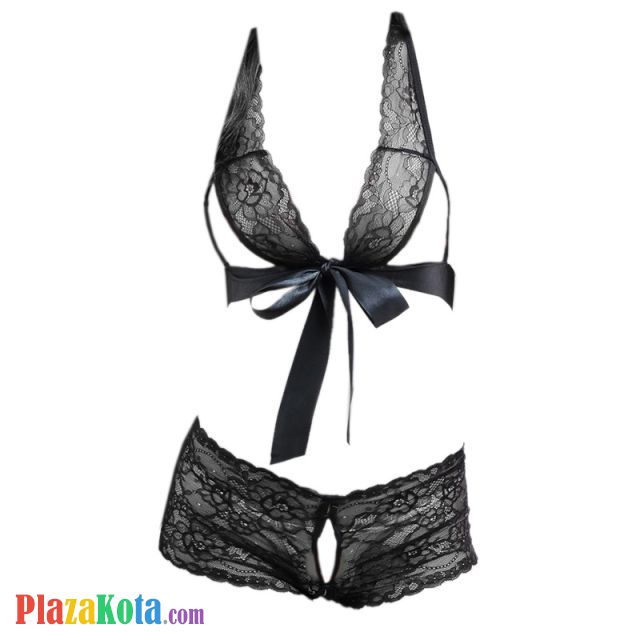 B286 - Pakaian Dalam Wanita Bra Set Bralette Seksi Halter Hitam Transparan Ikat Depan - Photo 1