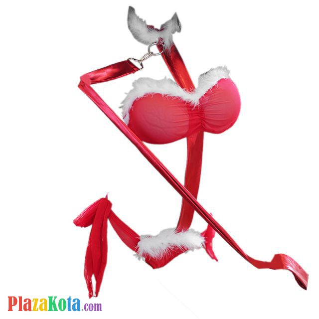 B287 - Lingerie Costume Cosplay Seksi Tema Budak Slave Merah Bulu Putih Bra Strapless Bandeau CD Ikat Samping Tali Leher - Photo 1