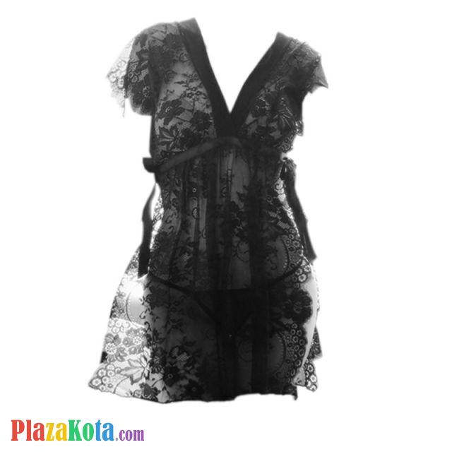 L1044 - Baju Tidur Dinas Malam Wanita Lingerie Babydoll Mini Dress Seksi Hitam Transparan Tali Ikat Samping - Photo 1