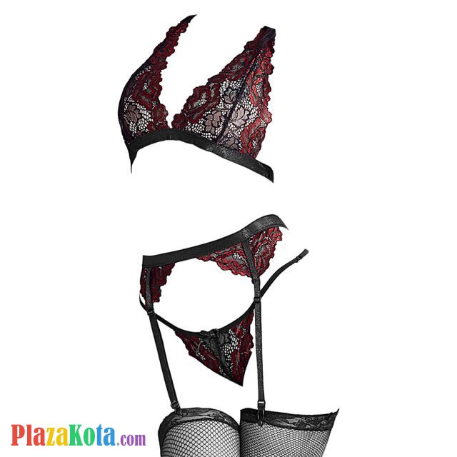 B292 - Pakaian Dalam Wanita Bra Set Bralette Seksi Halter Hitam Merah Transparan Garter Belt Stocking - Photo 1