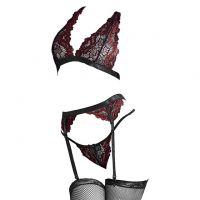 B292 - Pakaian Dalam Wanita Bra Set Bralette Seksi Halter Hitam Merah Transparan Garter Belt Stocking