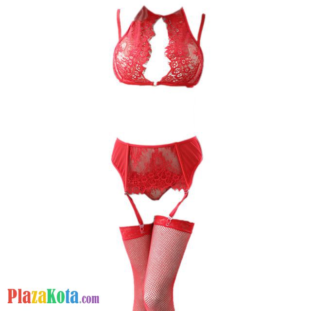 B304 - Pakaian Dalam Wanita Bra Set Bralette Seksi Merah Transparan Cup Openable Crotchless Garter Belt Stocking - Photo 1