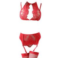 B304 - Pakaian Dalam Wanita Bra Set Bralette Seksi Merah Transparan Cup Openable Crotchless Garter Belt Stocking