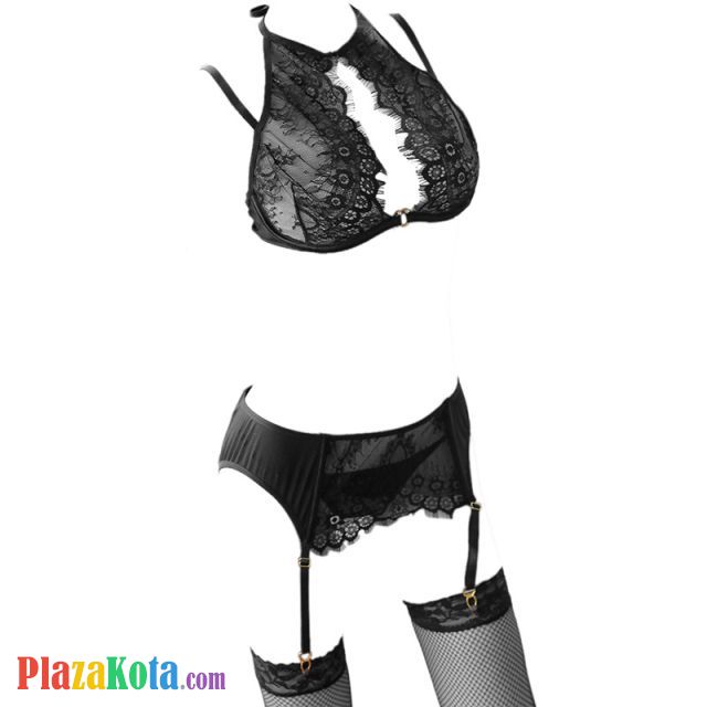 B305 - Pakaian Dalam Wanita Bra Set Bralette Seksi Hitam Transparan Cup Openable Crotchless Garter Belt Stocking - Photo 1