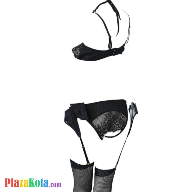 B305 - Pakaian Dalam Wanita Bra Set Bralette Seksi Hitam Transparan Cup Openable Crotchless Garter Belt Stocking - Photo 2