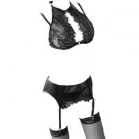 B305 - Pakaian Dalam Wanita Bra Set Bralette Seksi Hitam Transparan Cup Openable Crotchless Garter Belt Stocking
