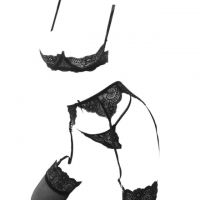 B306 - Pakaian Dalam Wanita Bra Set Kawat Underwire Seksi Open Cup Hitam Transparan Garter Belt Stocking