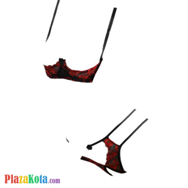 B309 - Pakaian Dalam Wanita Bra Set Kawat Underwire Seksi Open Cup Hitam Transparan Crotchless Bordir Bunga Merah - Photo 1