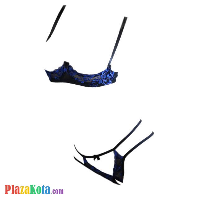 B310 - Pakaian Dalam Wanita Bra Set Kawat Underwire Seksi Open Cup Hitam Transparan Crotchless Bordir Bunga Biru - Photo 1