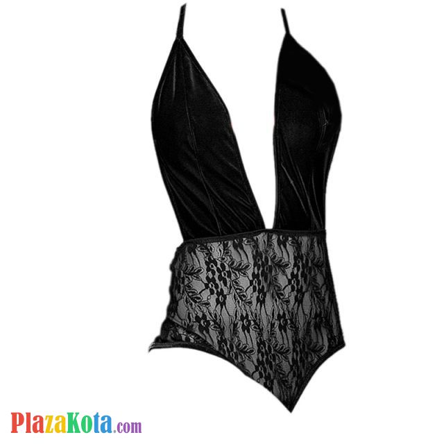 L1090 - Baju Tidur Dinas Malam Wanita Lingerie Teddy Bodysuit Seksi Halter Hitam Bawah Transparan Belahan Dada Rendah - Photo 1