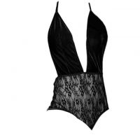 L1090 - Baju Tidur Dinas Malam Wanita Lingerie Teddy Bodysuit Seksi Halter Hitam Bawah Transparan Belahan Dada Rendah