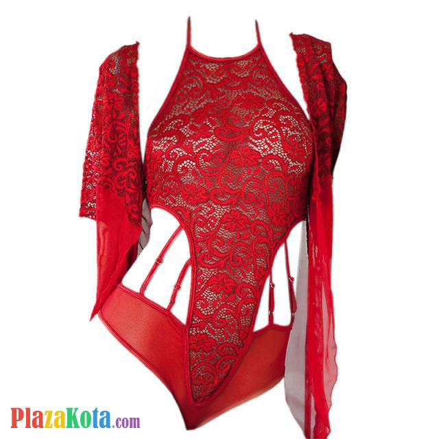 L1091 - Baju Tidur Dinas Malam Wanita Lingerie Kimono Jubah Seksi Merah Transparan Lengan Pendek Baju Dalaman Teddy - Photo 1