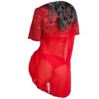 L1091 - Baju Tidur Dinas Malam Wanita Lingerie Kimono Jubah Seksi Merah Transparan Lengan Pendek Baju Dalaman Teddy - 2