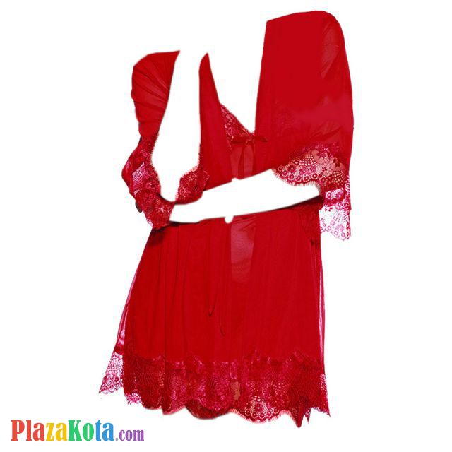 L1094 - Baju Tidur Dinas Malam Wanita Lingerie Kimono Jubah Seksi Merah Transparan Lengan Pendek Ikat Pinggang - Photo 1