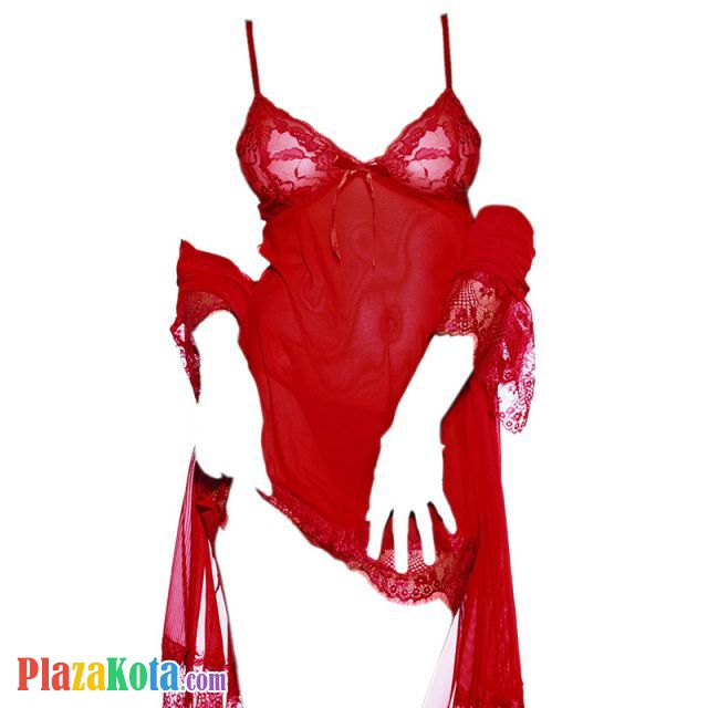 L1094 - Baju Tidur Dinas Malam Wanita Lingerie Kimono Jubah Seksi Merah Transparan Lengan Pendek Ikat Pinggang - Photo 2