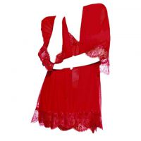 L1094 - Baju Tidur Dinas Malam Wanita Lingerie Kimono Jubah Seksi Merah Transparan Lengan Pendek Ikat Pinggang