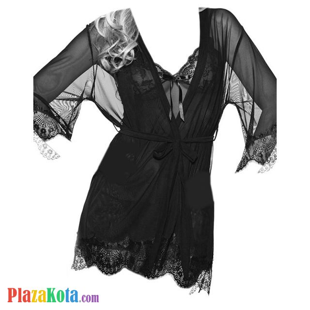 L1096 - Baju Tidur Dinas Malam Wanita Lingerie Kimono Jubah Seksi Hitam Transparan Lengan Pendek Ikat Pinggang - Photo 1