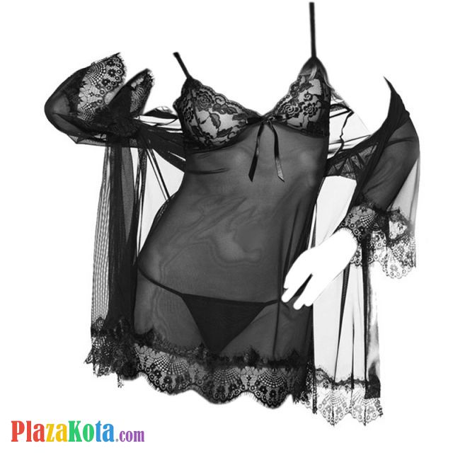 L1096 - Baju Tidur Dinas Malam Wanita Lingerie Kimono Jubah Seksi Hitam Transparan Lengan Pendek Ikat Pinggang - Photo 2