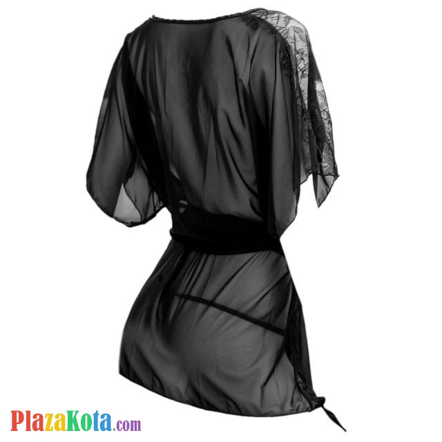 L1116 - Baju Tidur Dinas Malam Wanita Lingerie Kimono Jubah Seksi Hitam Transparan Lengan Pendek Ikat Pinggang - Photo 2
