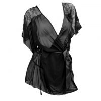 L1116 - Baju Tidur Dinas Malam Wanita Lingerie Kimono Jubah Seksi Hitam Transparan Lengan Pendek Ikat Pinggang