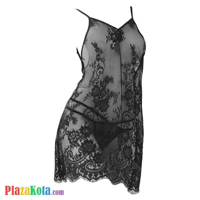 L1128 - Baju Tidur Dinas Malam Wanita Lingerie Mini Dress Gaun Pendek Seksi Hitam Transparan Bunga-Bunga - Photo 1