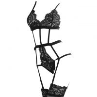 L1131 - Baju Tidur Dinas Malam Wanita Lingerie Set Stocking Seksi Hitam Transparan Garter Strap