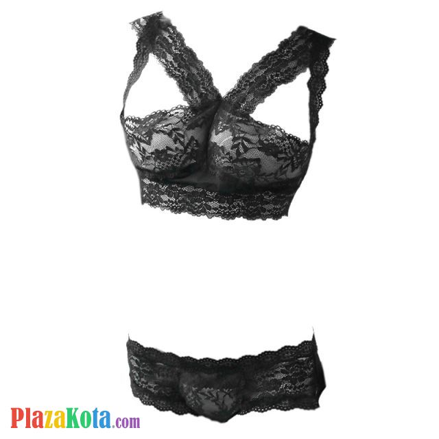 B318 - Pakaian Dalam Wanita Bra Set Bralette Seksi Hitam Transparan Open Butt - Photo 1