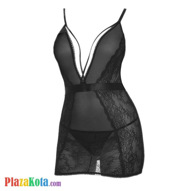 L1137 - Baju Tidur Dinas Malam Wanita Lingerie Bodycon Sheath Dress Seksi Hitam Transparan Belahan Dada Rendah - Photo 1