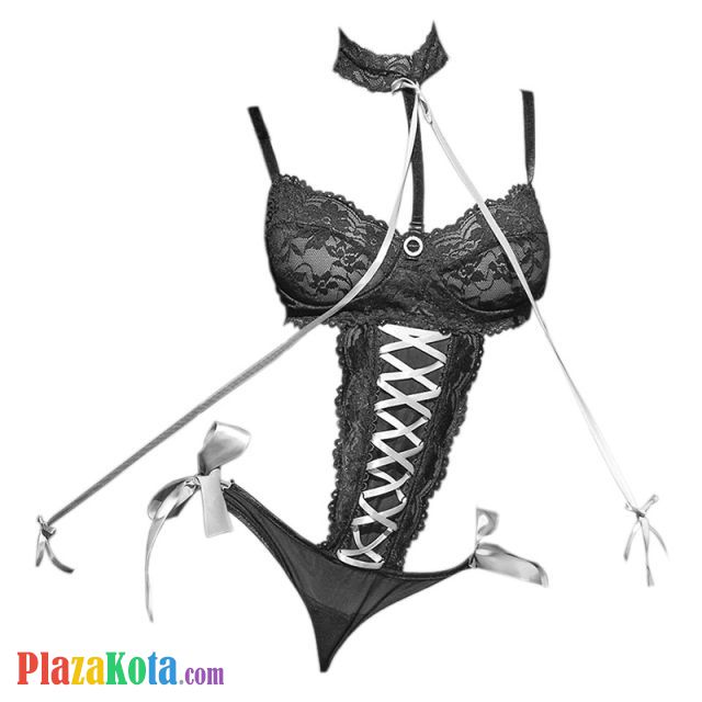 L1138 - Baju Tidur Dinas Malam Wanita Lingerie Teddy Bodysuit Seksi Hitam Transparan Bra Kawat Crotchless Kalung Choker - Photo 1