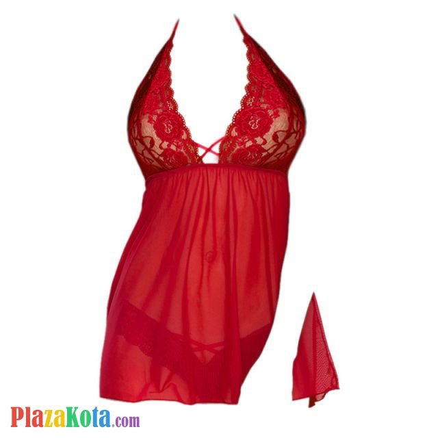 L1141 - Baju Tidur Dinas Malam Wanita Lingerie Mini Dress Gaun Pendek Seksi Halter Merah Transparan - Photo 1